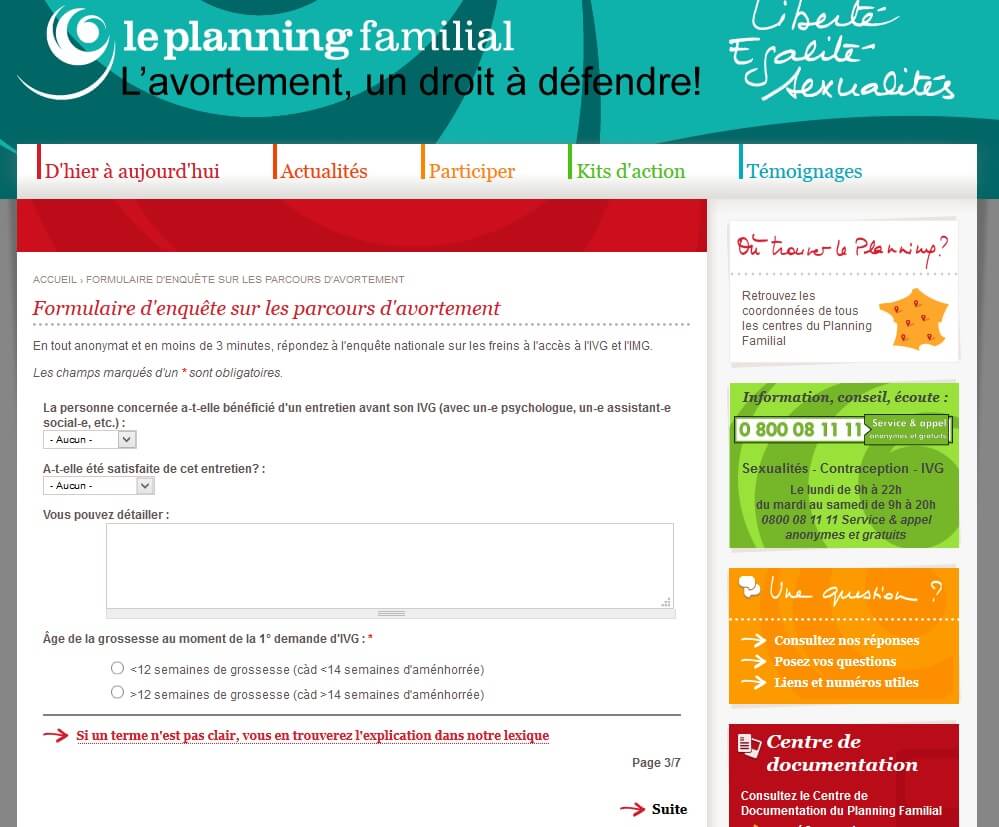 Site dédié avortement du Planning Familial, page de l'enquête