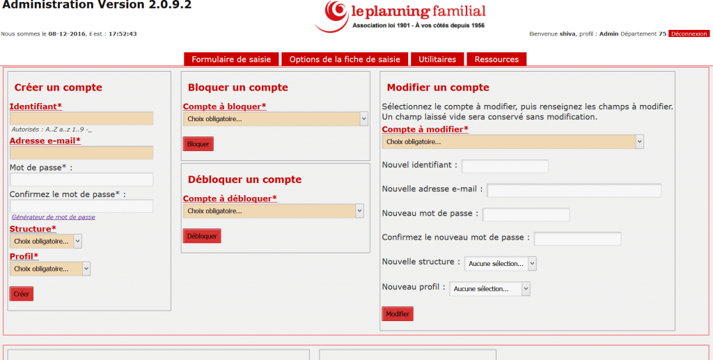 Logiciel support pour plateforme téléphonique, page d'administration