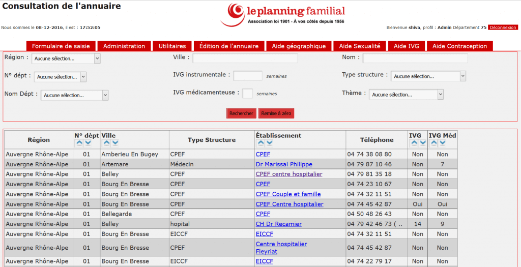 Logiciel support pour plateforme téléphonique, annuaire: liste complète et filtres