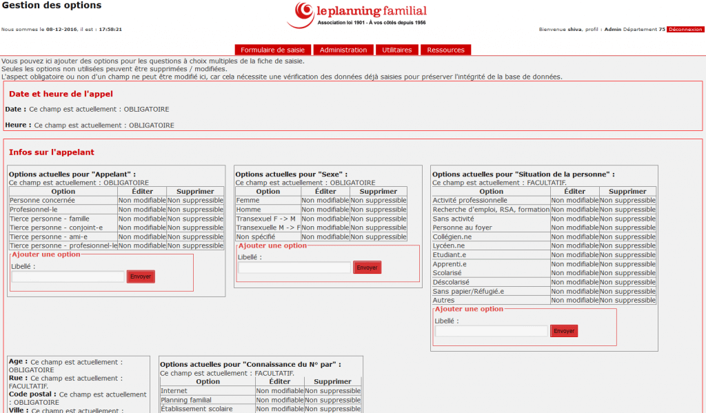 Logiciel support pour plateforme téléphonique, modification de la fiche de saisie