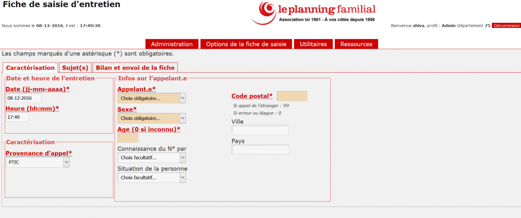 Logiciel support pour plateforme téléphonique, fiche de saisie onglet 1