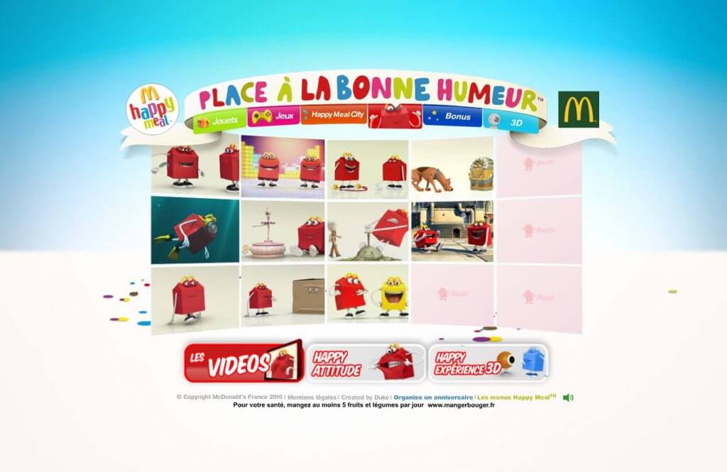 Page Vidéos du site Happy meal de Mc Donald's