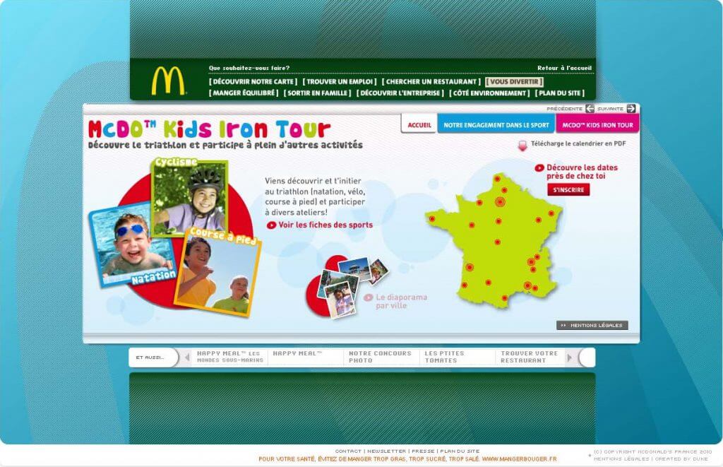 Mc Donald's website - Kids Iron Tour module, landing page