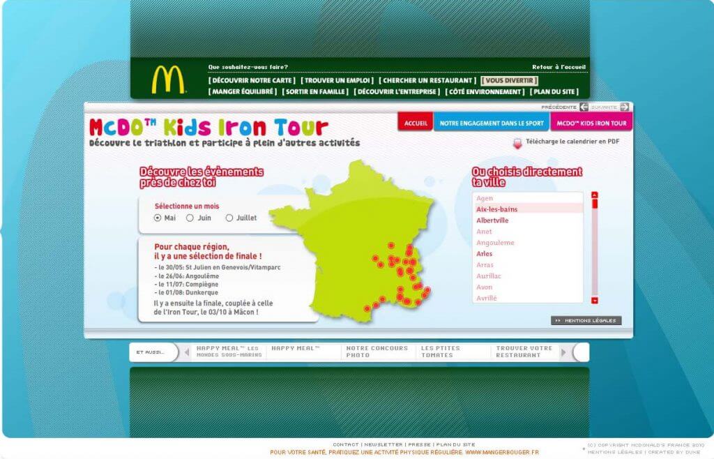 Page Carte du module Kids Iron Tour du site McDonald's