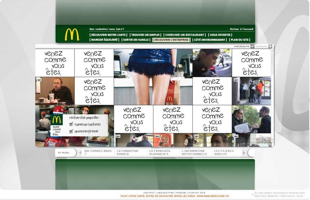 Page d'accueil du module "Venez comme vous êtes" du site McDonald's