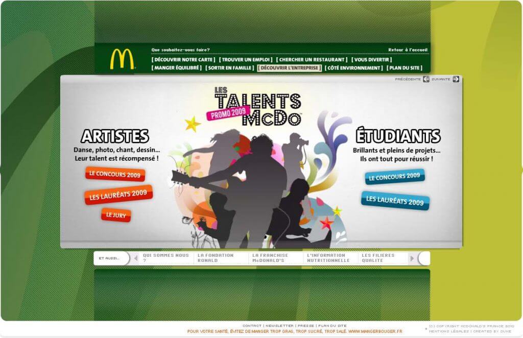 Page d'accueil du module Talents du site McDonald's