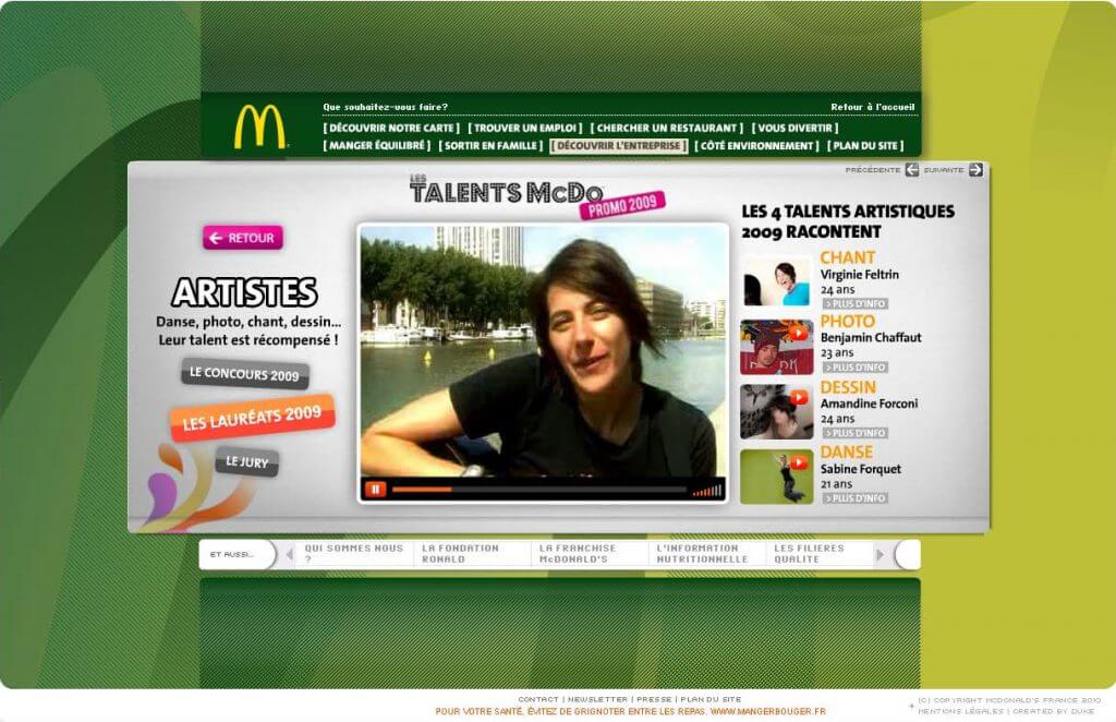 Page Vidéo du module Talents du site McDonald's